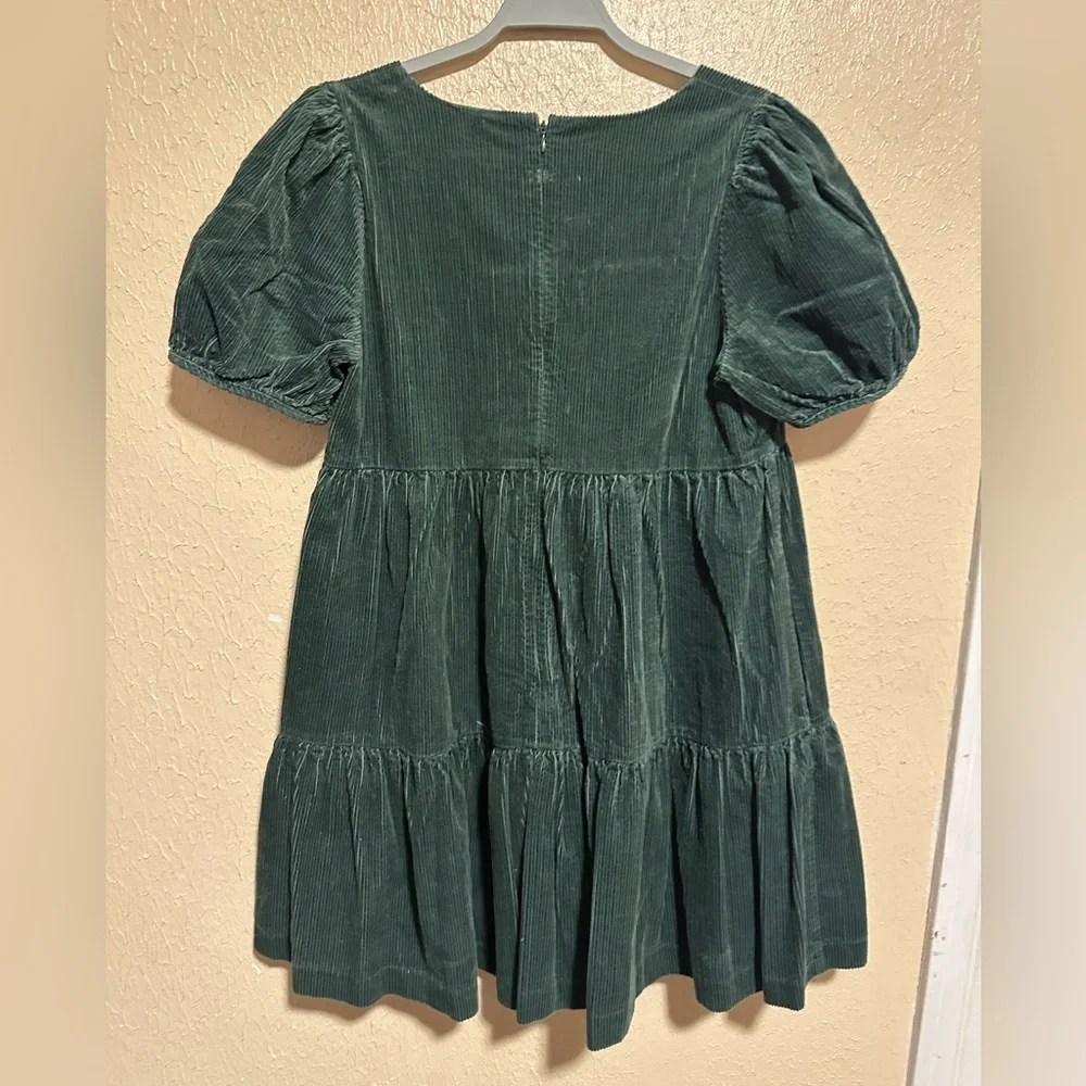 Madewell‎ Corduroy Aidy Square-Neck puff sleeve Tiered Mini Dress Hunter Green 6